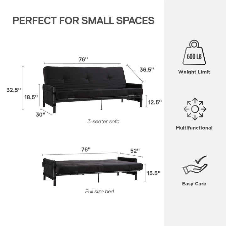 Fairview Metal and Storage Arm Futon with 6 Inch Mattress - Black