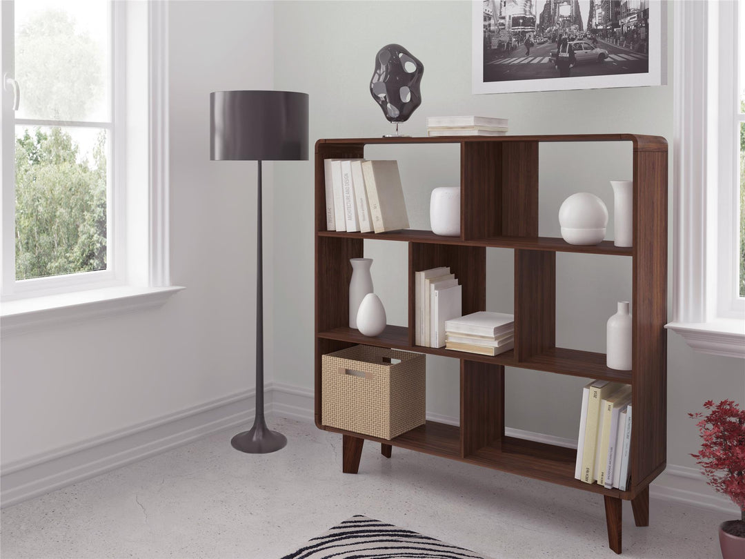 Leva Scandinavian Style Bookcase with 7 Open Cubbies - Walnut