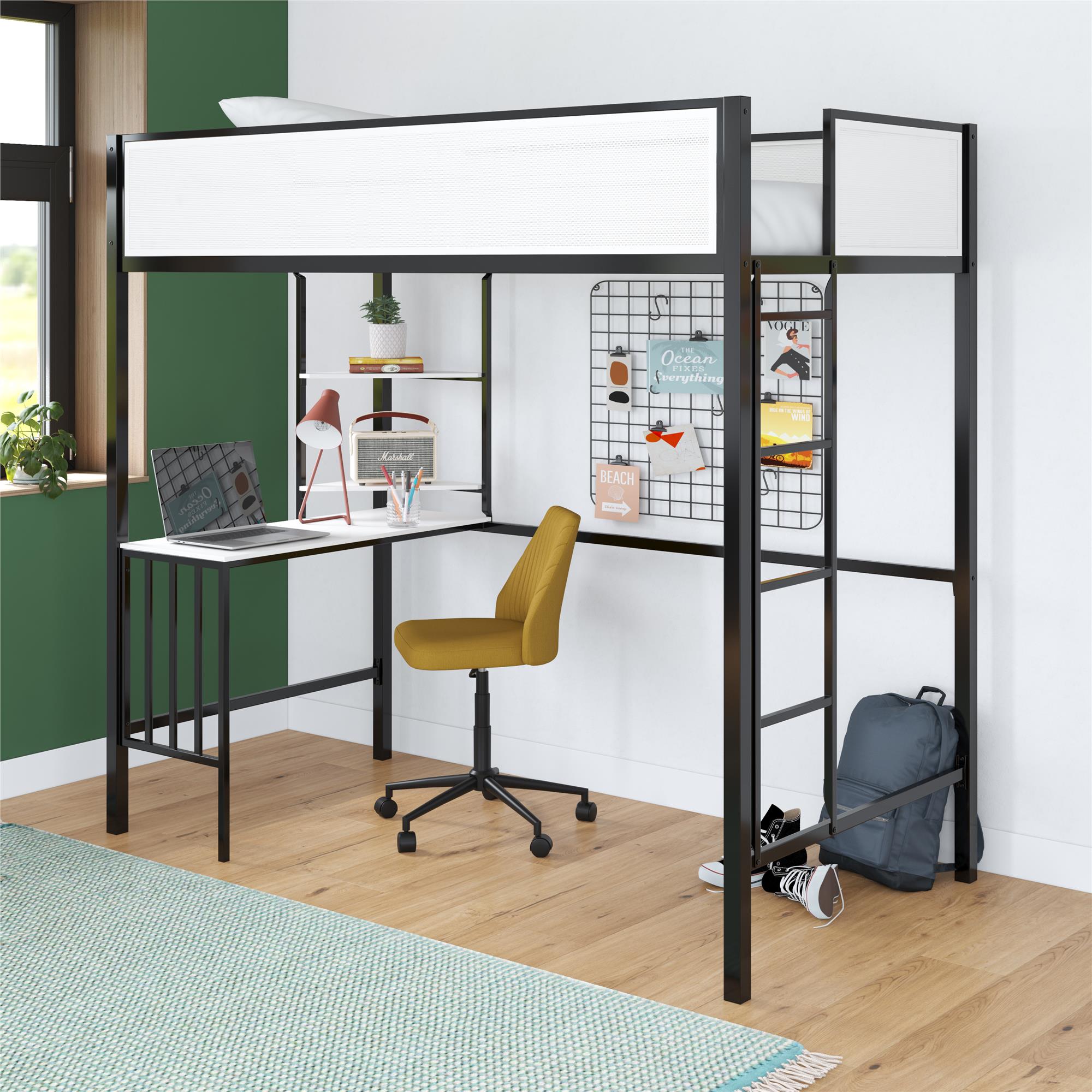 Twin loft bed with store desk and shelves