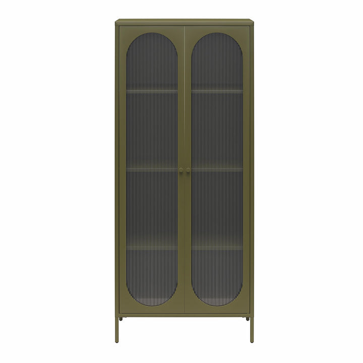 Luna Tall 2-Door Accent Cabinet with Fluted Glass - Olive Green Metal