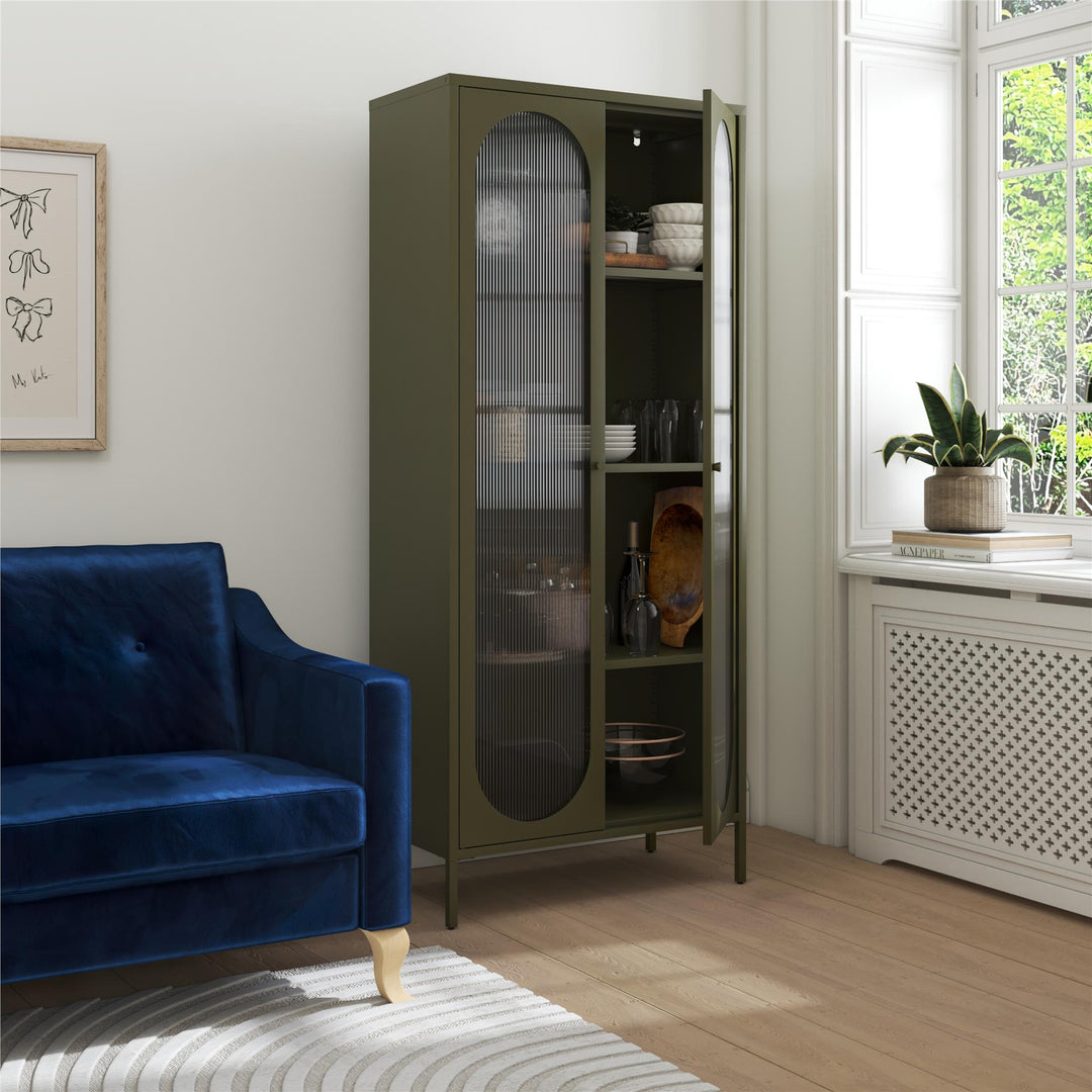 Luna Tall 2-Door Accent Cabinet with Fluted Glass - Olive Green Metal