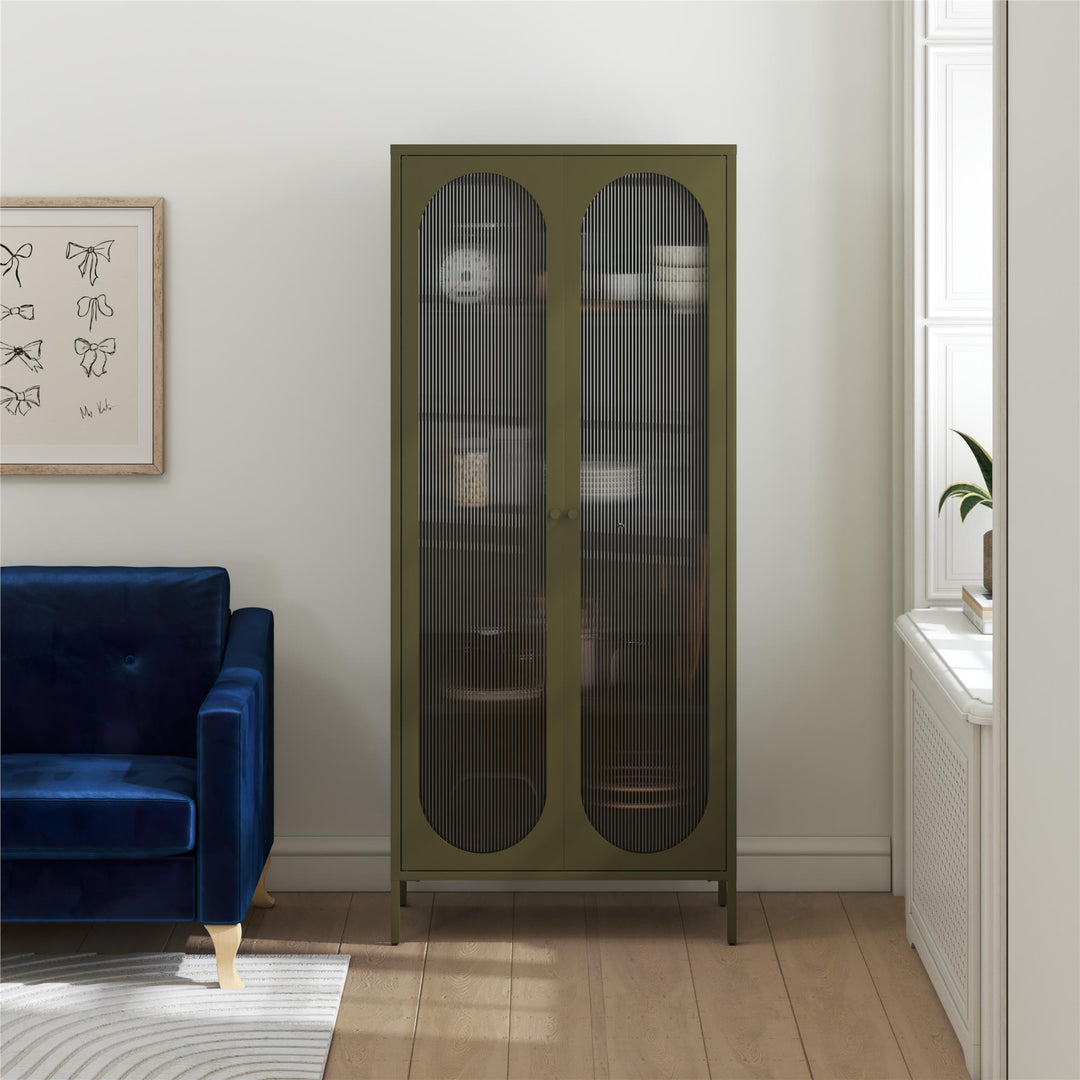 Luna Tall 2-Door Accent Cabinet with Fluted Glass - Olive Green Metal