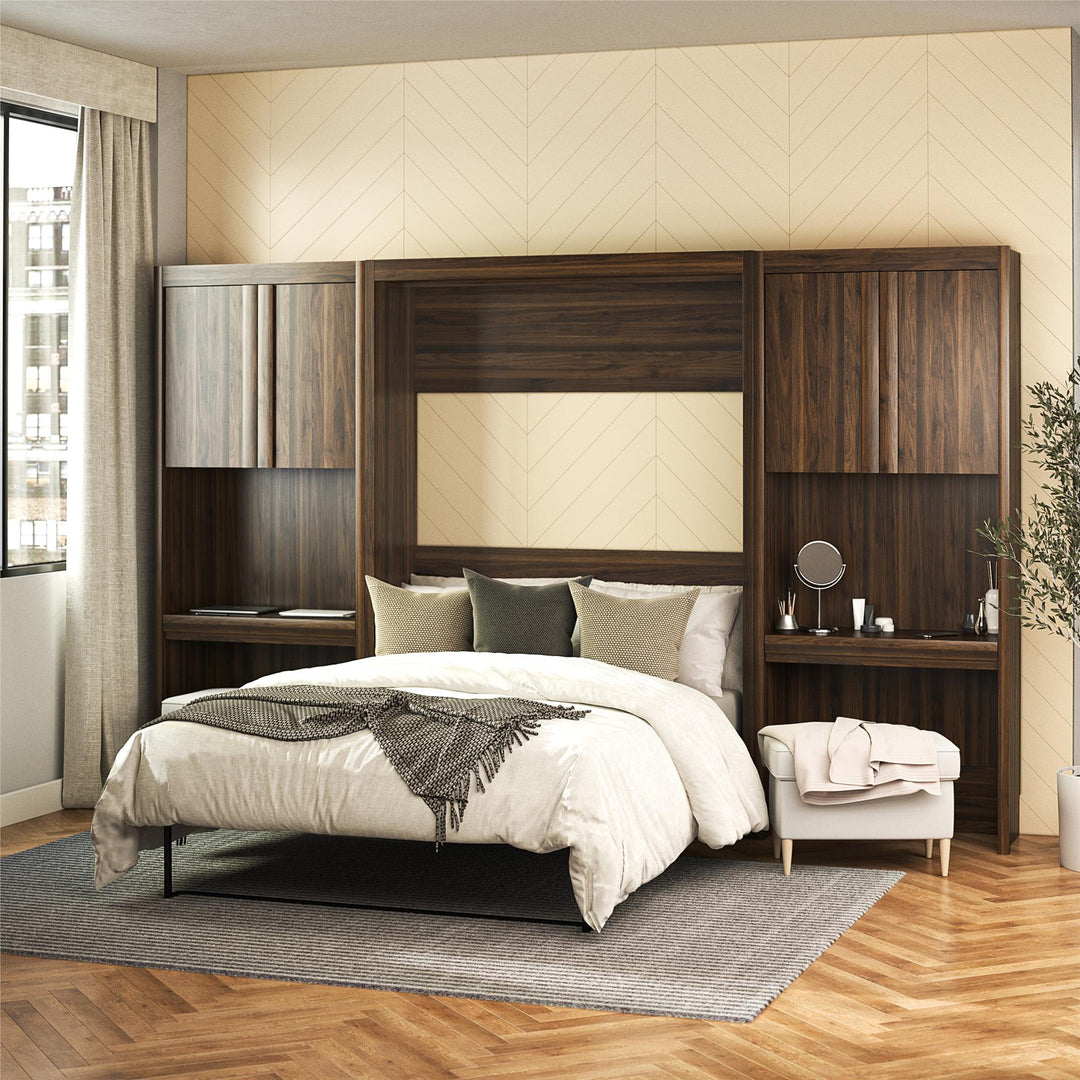 Paramount Full Murphy Bed Bundle with 2 Vanity Storage Cabinets with Drawers - Columbia Walnut - Full