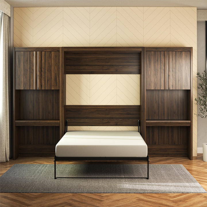 Paramount Full Murphy Bed Bundle with 2 Vanity Storage Cabinets with Drawers - Columbia Walnut - Full