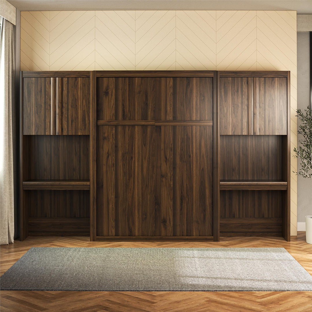 Paramount Full Murphy Bed Bundle with 2 Vanity Storage Cabinets with Drawers - Columbia Walnut - Full