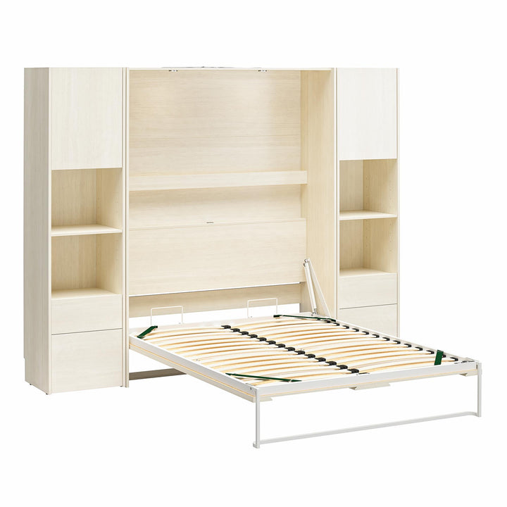 Greenwich Murphy Bed with 2 Wardrobe Side Cabinets - Ivory Oak - Queen