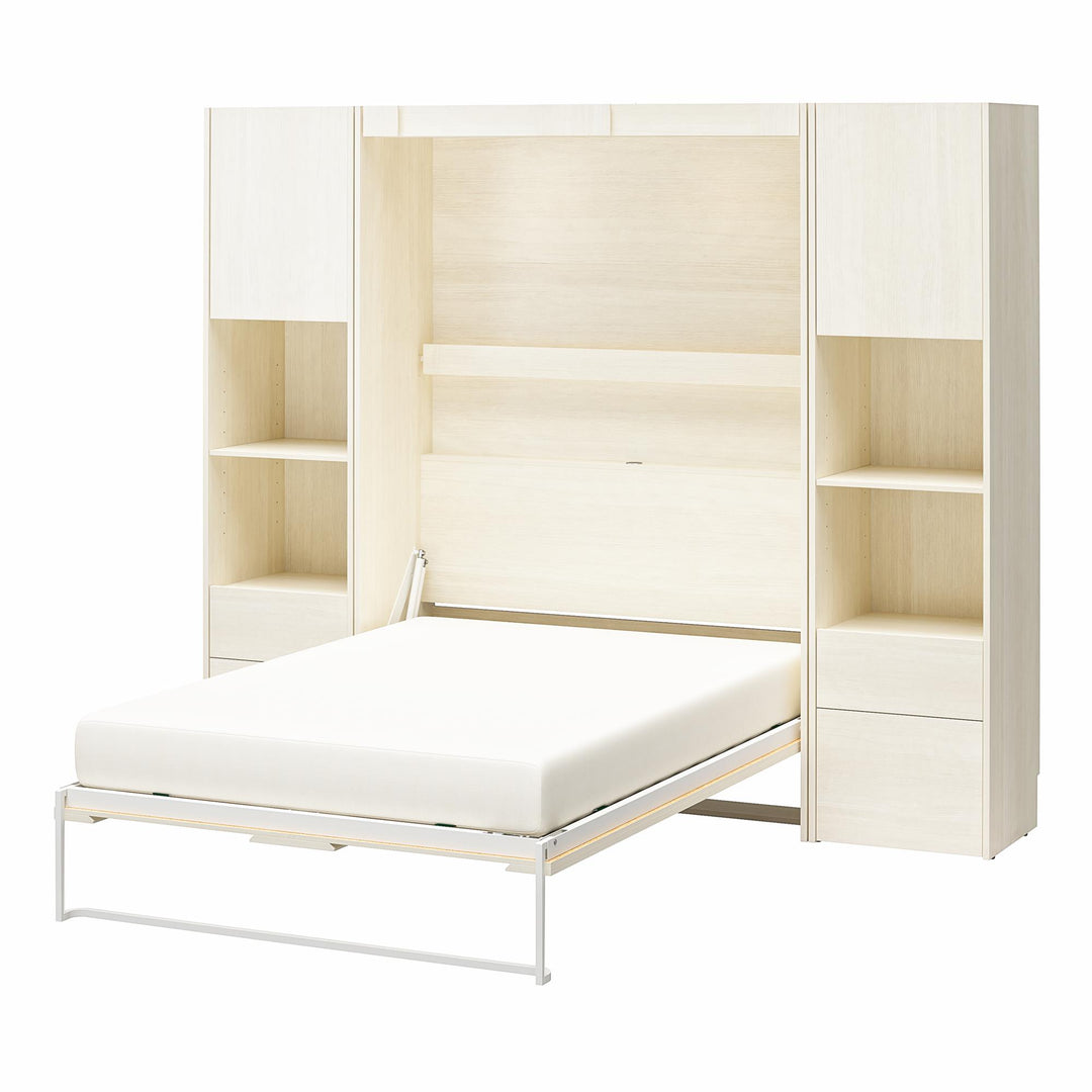 Greenwich Murphy Bed with 2 Wardrobe Side Cabinets - Ivory Oak - Full