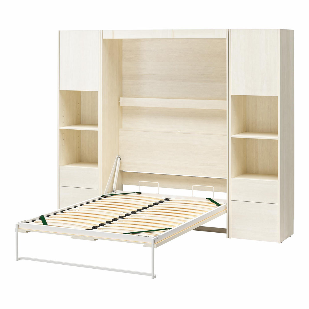 Greenwich Murphy Bed with 2 Wardrobe Side Cabinets - Ivory Oak - Full