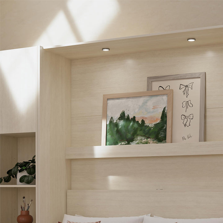 Greenwich Murphy Bed with Gallery Shelf and Touch Sensor LED Lighting - Ivory Oak - Queen