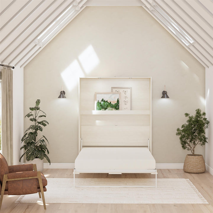 Elegant Greenwich Queen Murphy Bed with integrated gallery shelf - Ivory Oak