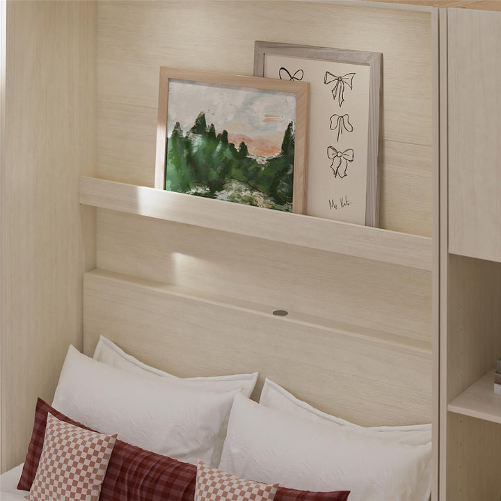 Greenwich Murphy Bed with Gallery Shelf and Touch Sensor LED Lighting - Ivory Oak - Queen