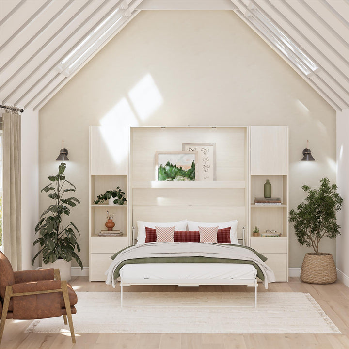 Coordinated bedroom setup with the Greenwich Queen Murphy Bed, complemented by a chair and bookshelf - Ivory Oak