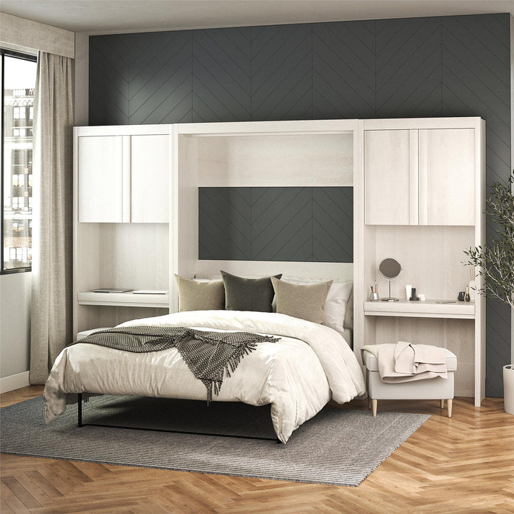 Paramount Full Murphy Bed Bundle with 2 Vanity Storage Cabinets with Drawers - Ivory Oak - Full