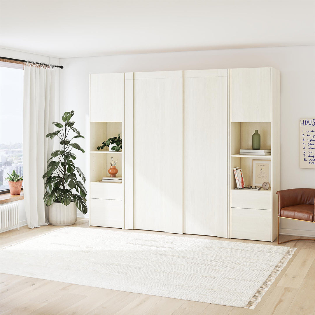 Greenwich Murphy Bed with 2 Wardrobe Side Cabinets - Ivory Oak - Full