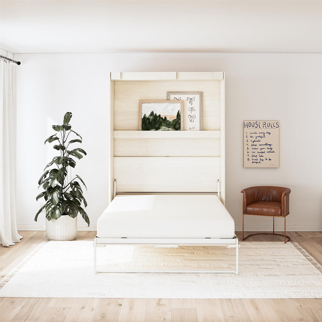 Greenwich Full Murphy Bed with Gallery Shelf and Touch Sensor LED Lighting - Ivory Oak - Full