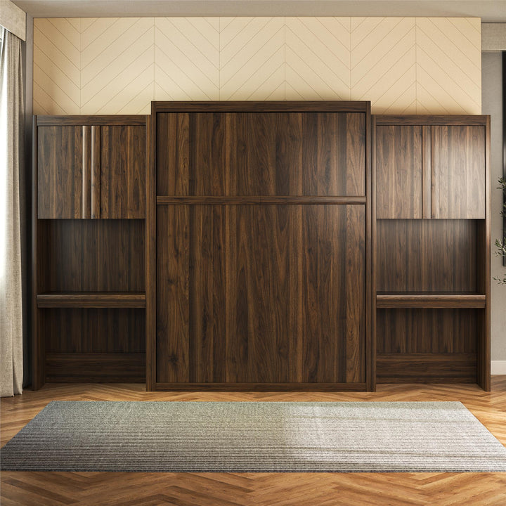 Paramount Queen Murphy Bed with 2 Vanity/Desk Side Cabinets - Columbia Walnut