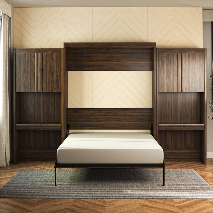 Paramount Queen Murphy Bed with 2 Vanity/Desk Side Cabinets - Columbia Walnut - Queen