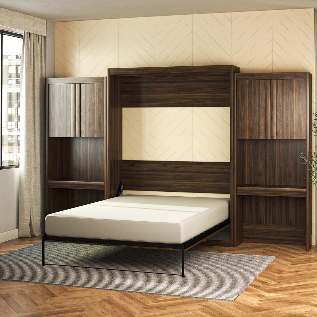 Paramount Queen Murphy Bed with 2 Vanity/Desk Side Cabinets - Columbia Walnut - Queen