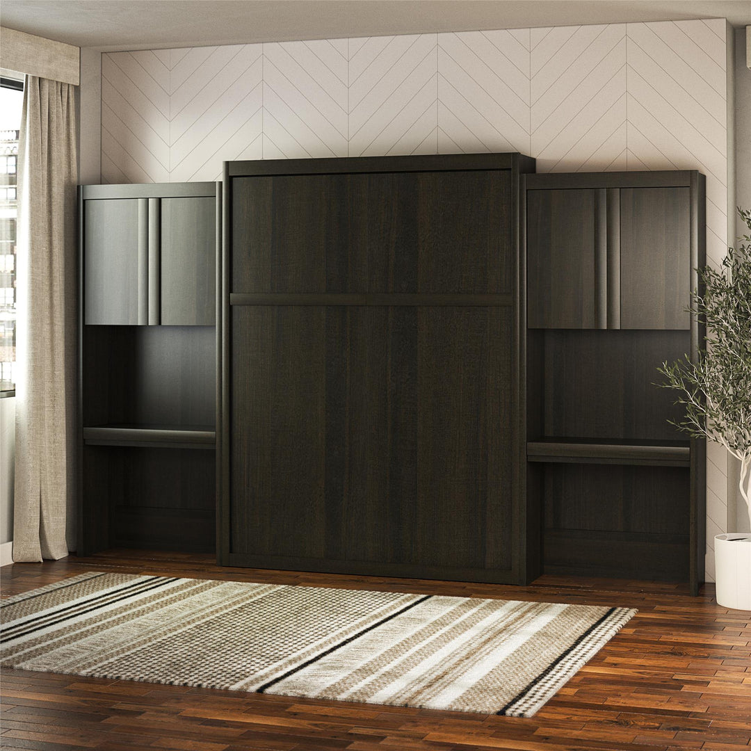 Paramount Queen Murphy Bed with 2 Vanity/Desk Side Cabinets - Espresso - Queen