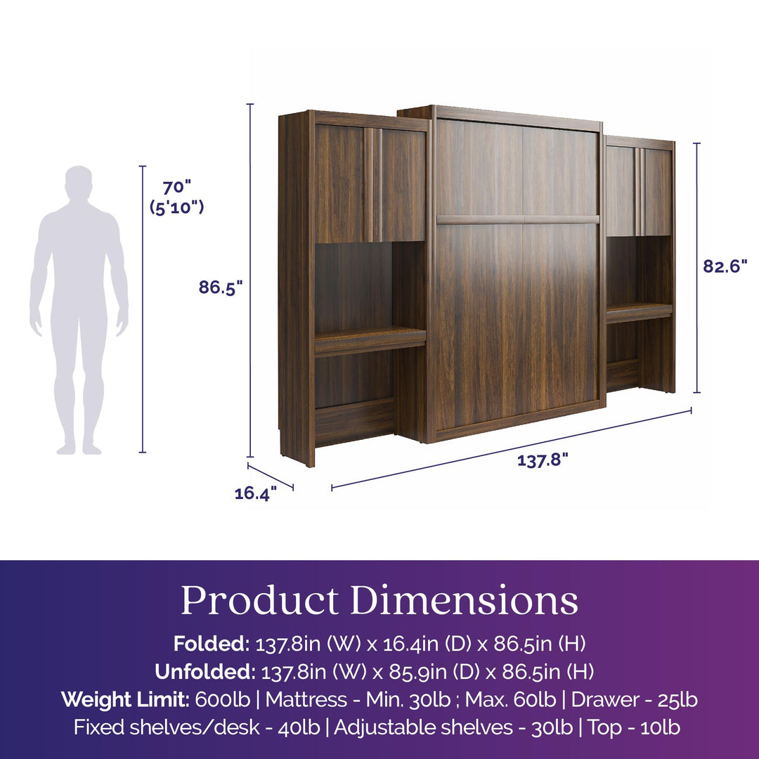 Paramount Queen Murphy Bed with 2 Vanity/Desk Side Cabinets - Columbia Walnut - Queen