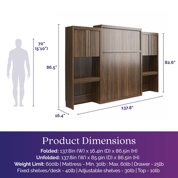 Paramount Queen Murphy Bed with 2 Vanity/Desk Side Cabinets - Columbia Walnut - Queen