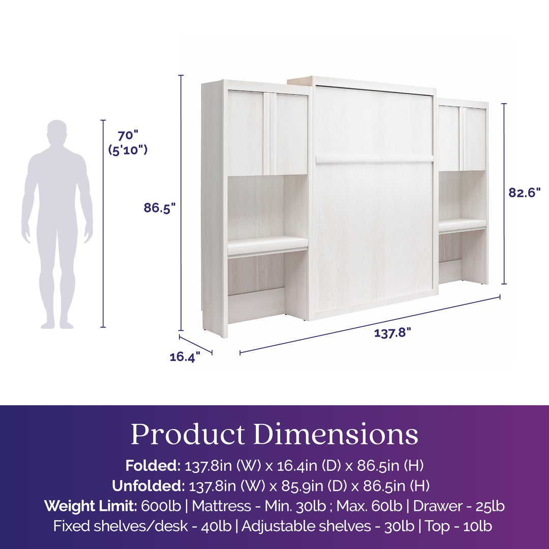 Paramount Murphy Bed with 2 Vanity/Desk Side Cabinets - Ivory Oak - Queen