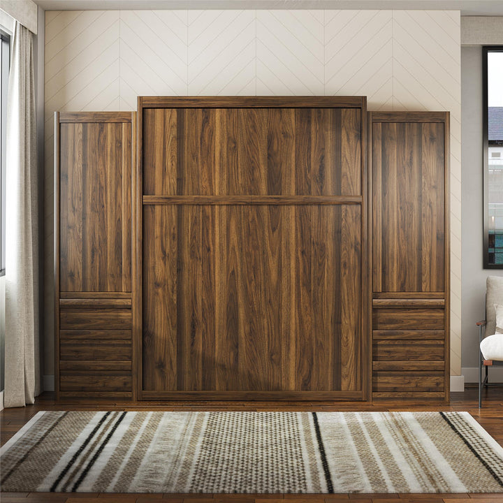 Paramount Murphy Bed with 2 Armoire Side Cabinets - Columbia Walnut - Queen