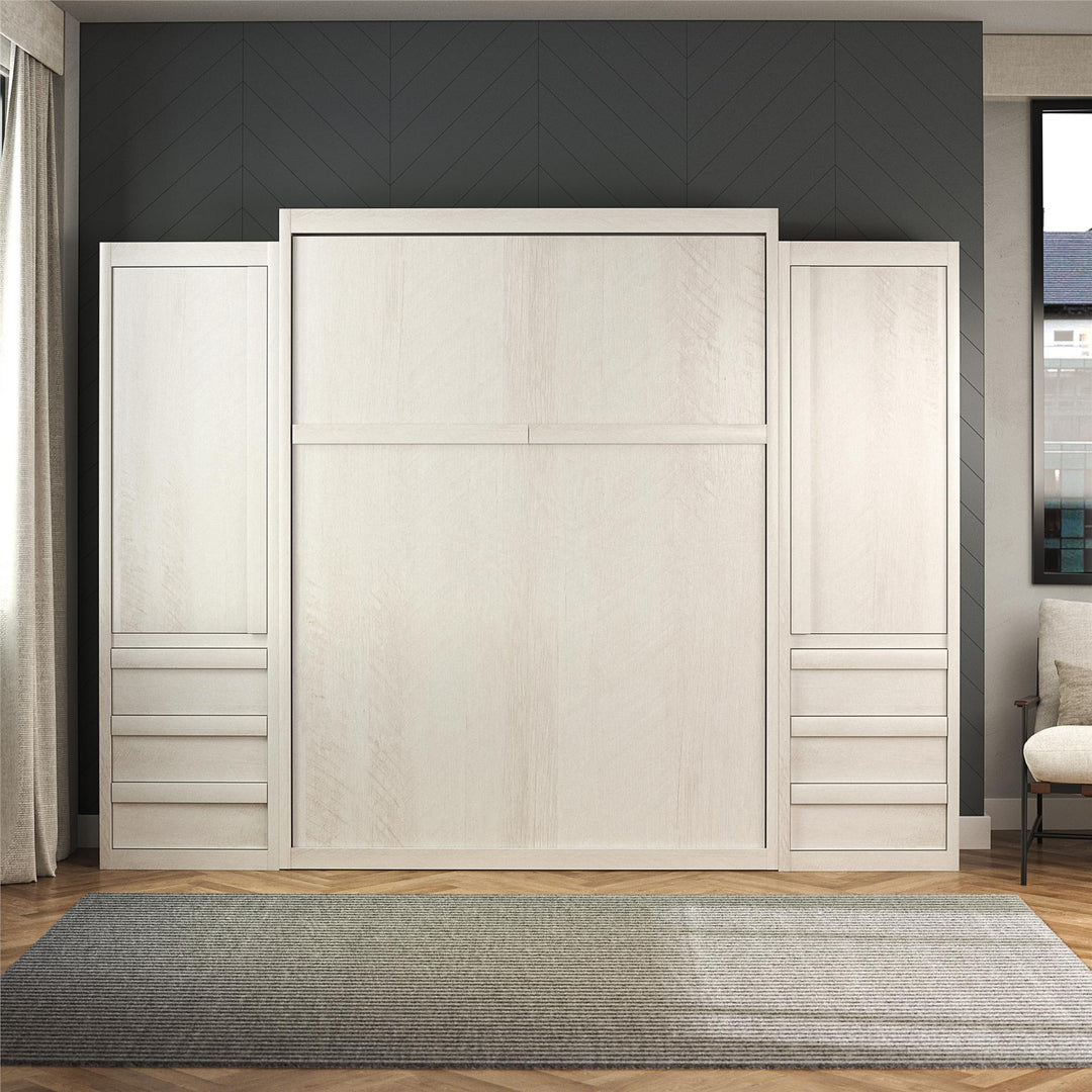 Paramount Murphy Bed with 2 Armoire Side Cabinets - Ivory Oak - Queen