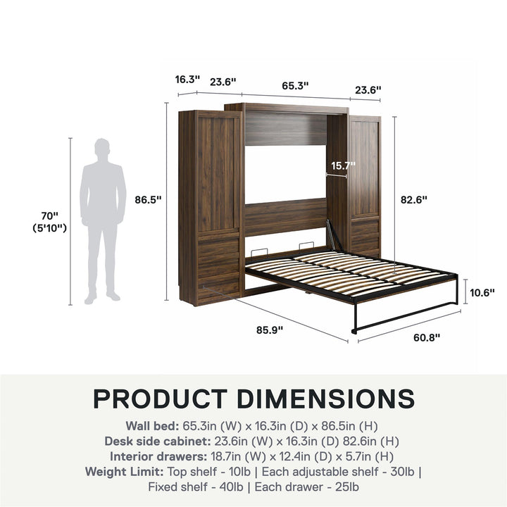 Paramount Murphy Bed with 2 Armoire Side Cabinets - Columbia Walnut - Queen