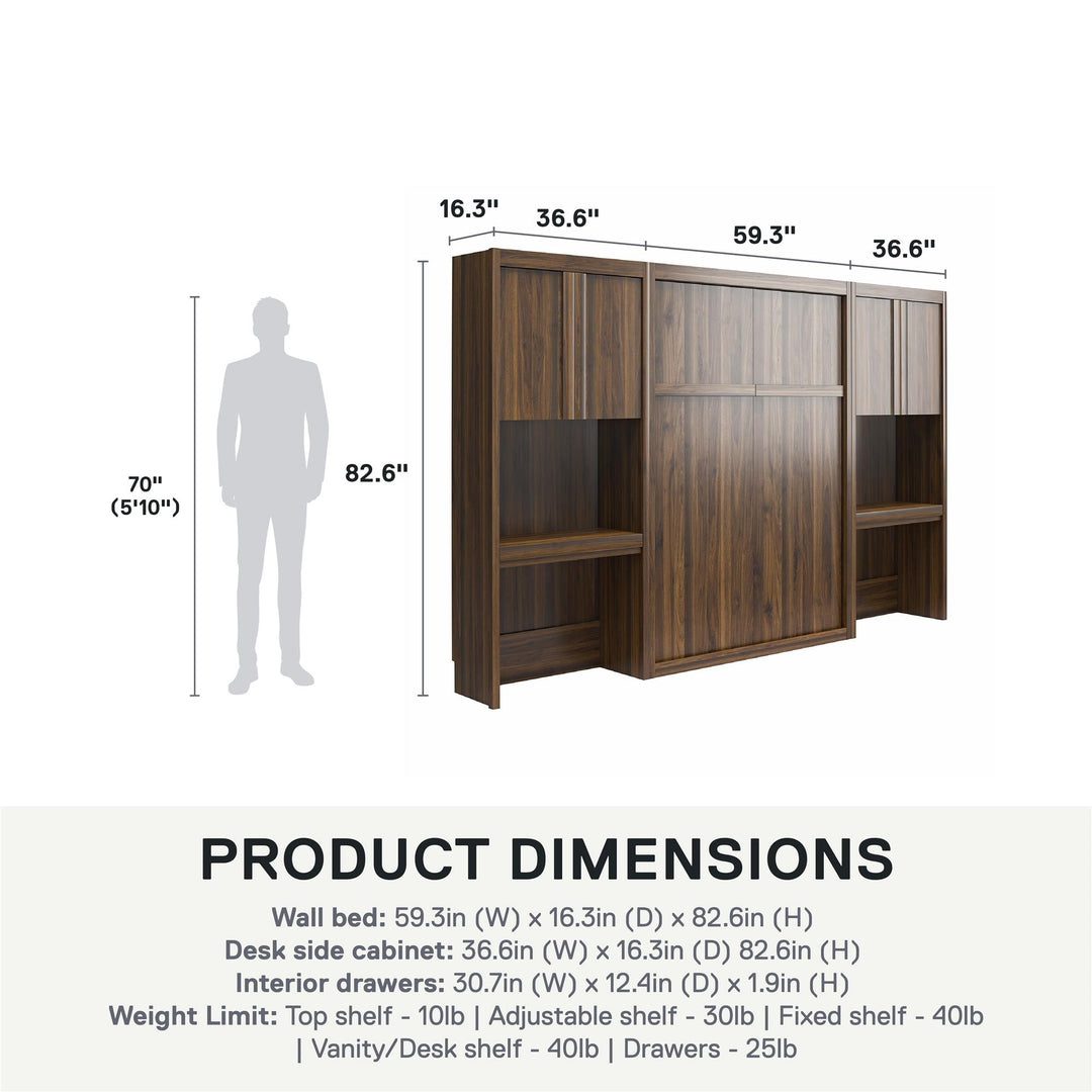 Paramount Full Murphy Bed Bundle with 2 Vanity Storage Cabinets with Drawers - Columbia Walnut - Full