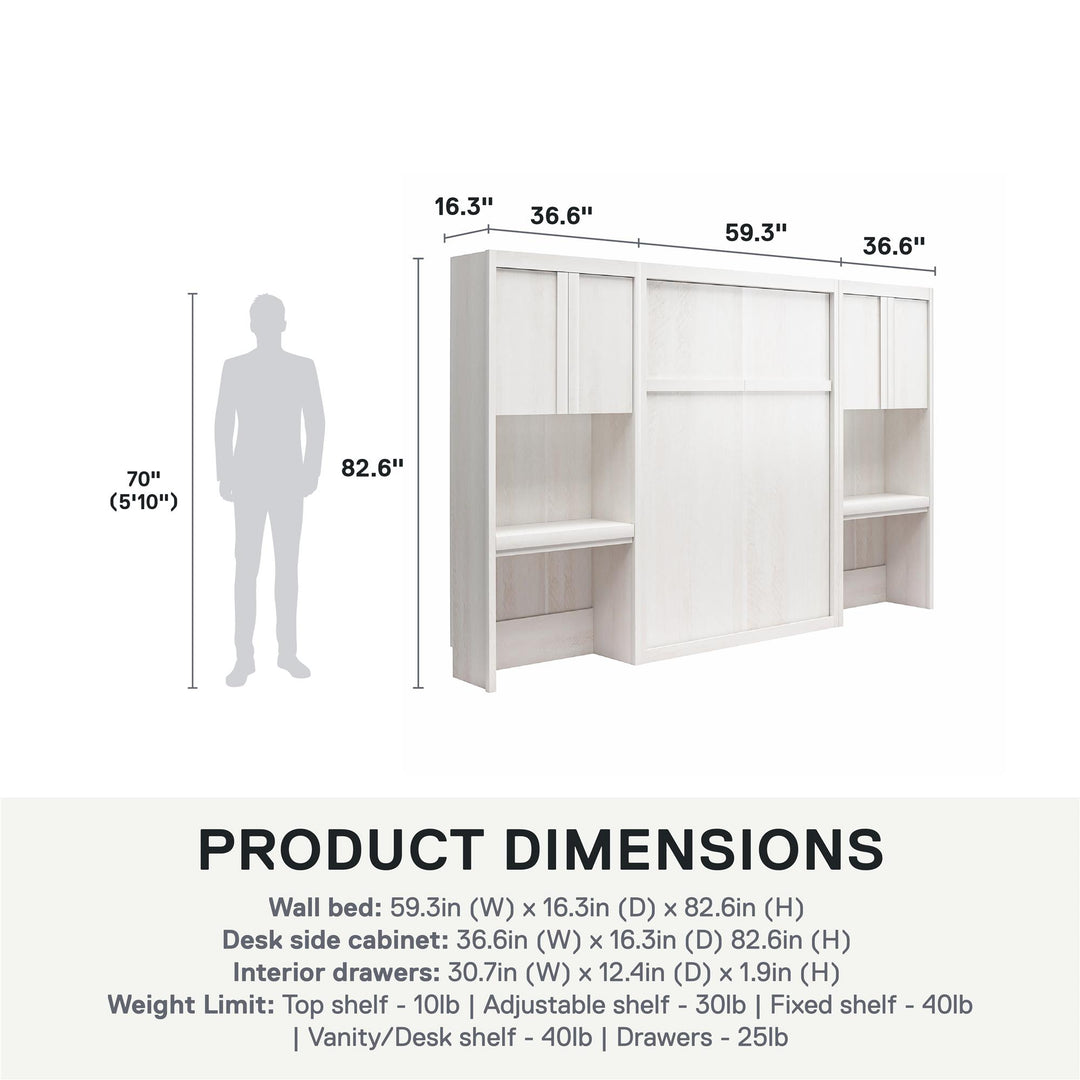 Paramount Full Murphy Bed Bundle with 2 Vanity Storage Cabinets with Drawers - Ivory Oak - Full