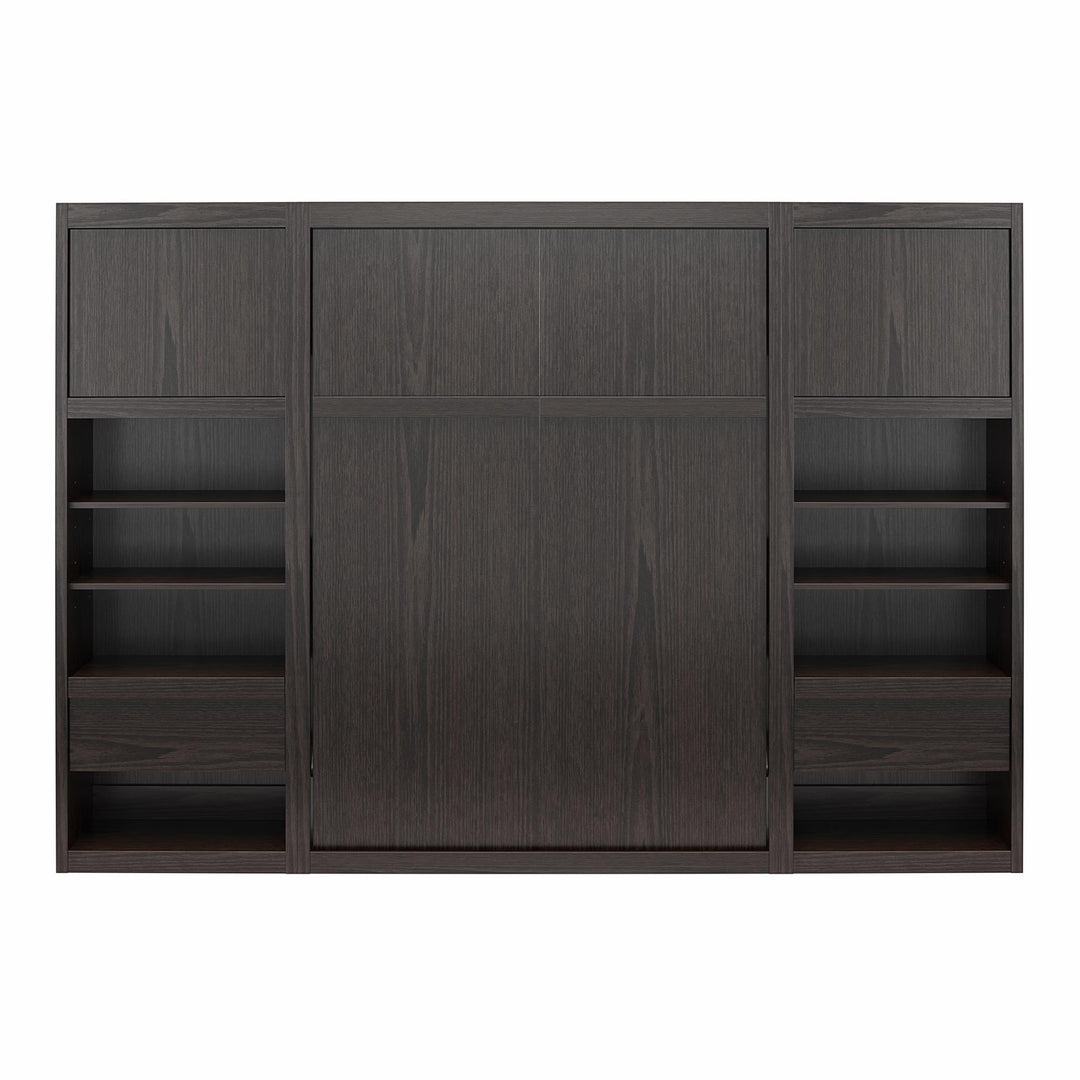 Paramount Full Wall Bed with 2 Bedside Bookcase Cabinets & Slide-Out Nightstands - Espresso - Full