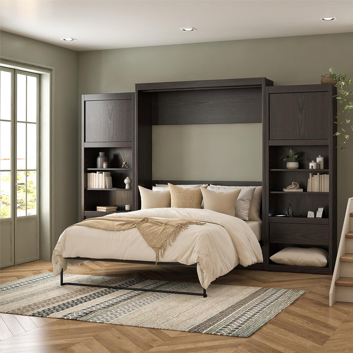 Paramount Murphy Bed with 2 Bedside Bookcase Cabinets & Slide-Out Nightstands - Espresso - Queen