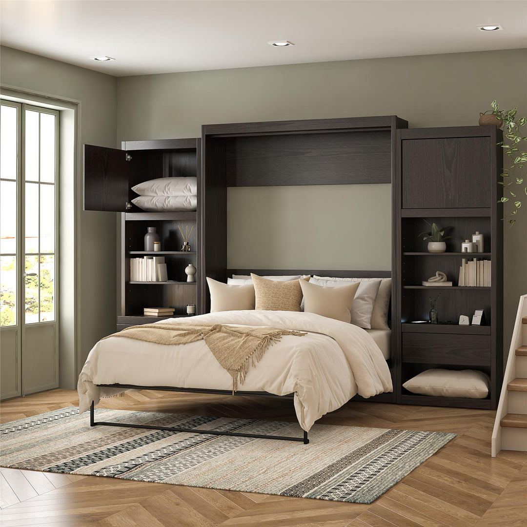 Paramount Murphy Bed with 2 Bedside Bookcase Cabinets & Slide-Out Nightstands - Espresso - Queen