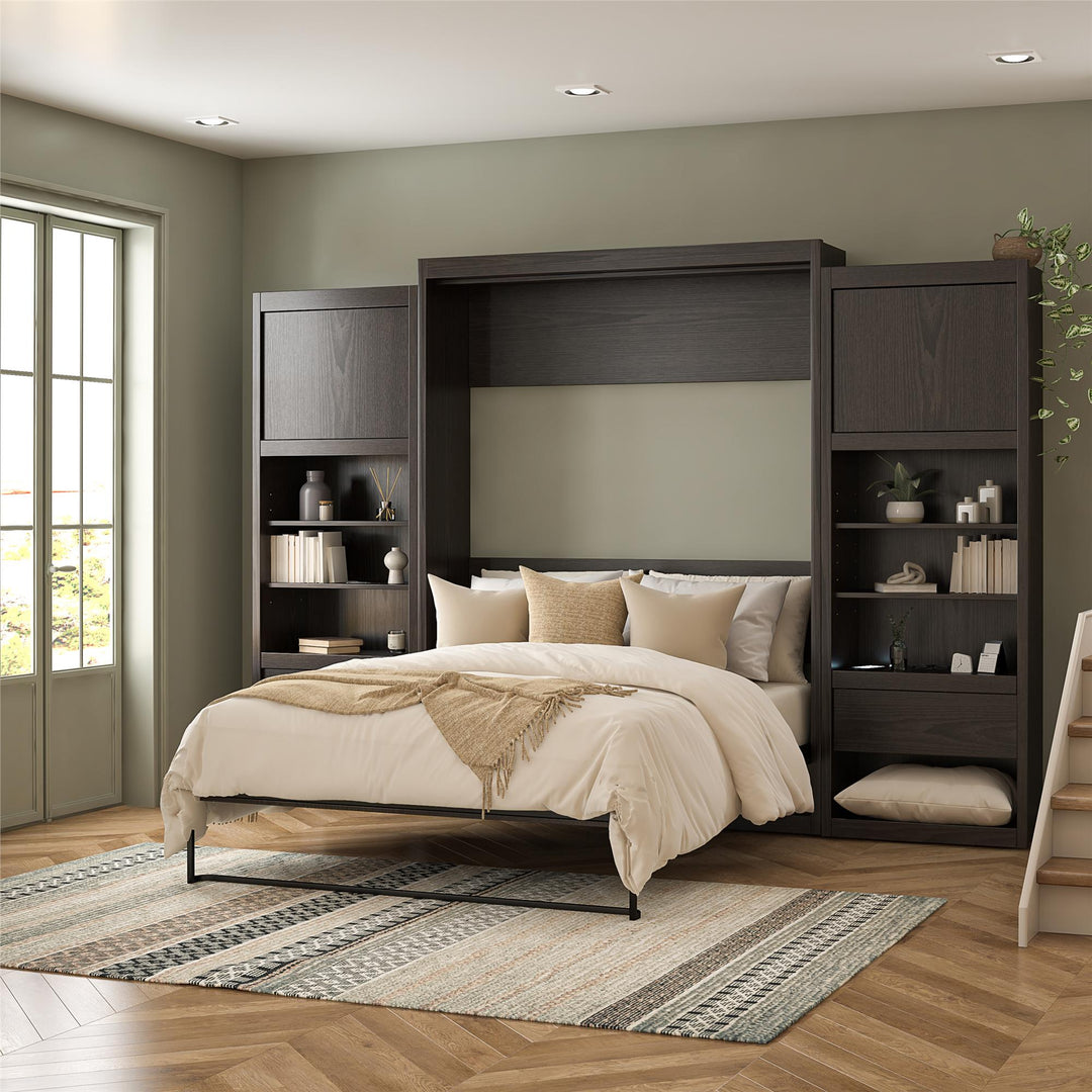 Paramount Full Wall Bed with 2 Bedside Bookcase Cabinets & Slide-Out Nightstands - Espresso - Full