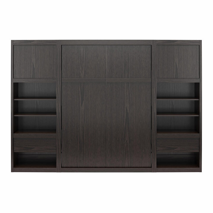 Paramount Murphy Bed with 2 Bedside Bookcase Cabinets & Slide-Out Nightstands - Espresso - Queen