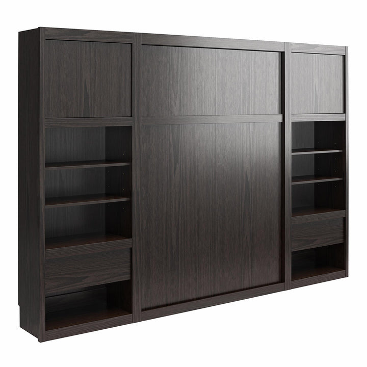 Paramount Murphy Bed with 2 Bedside Bookcase Cabinets & Slide-Out Nightstands - Espresso - Queen