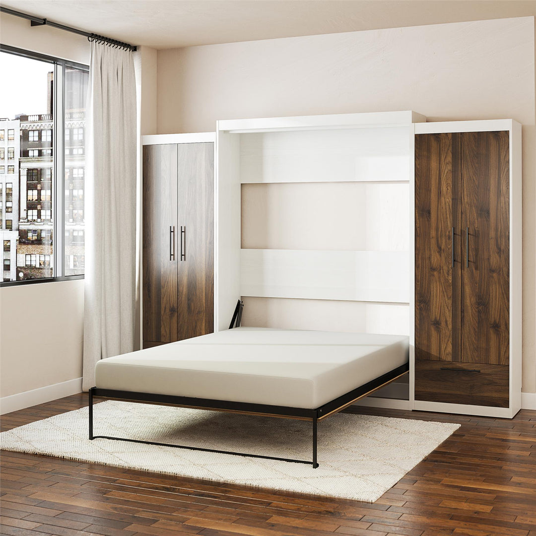 Pinnacle Queen Wall Bed with 2 Wardrobe Side Cabinets - Columbia Walnut