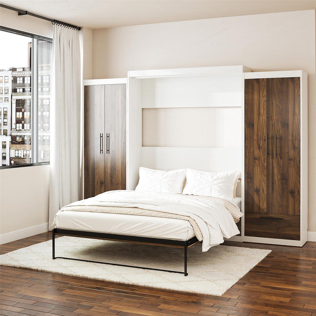 Pinnacle Queen Wall Bed with 2 Wardrobe Side Cabinets - Columbia Walnut - Queen