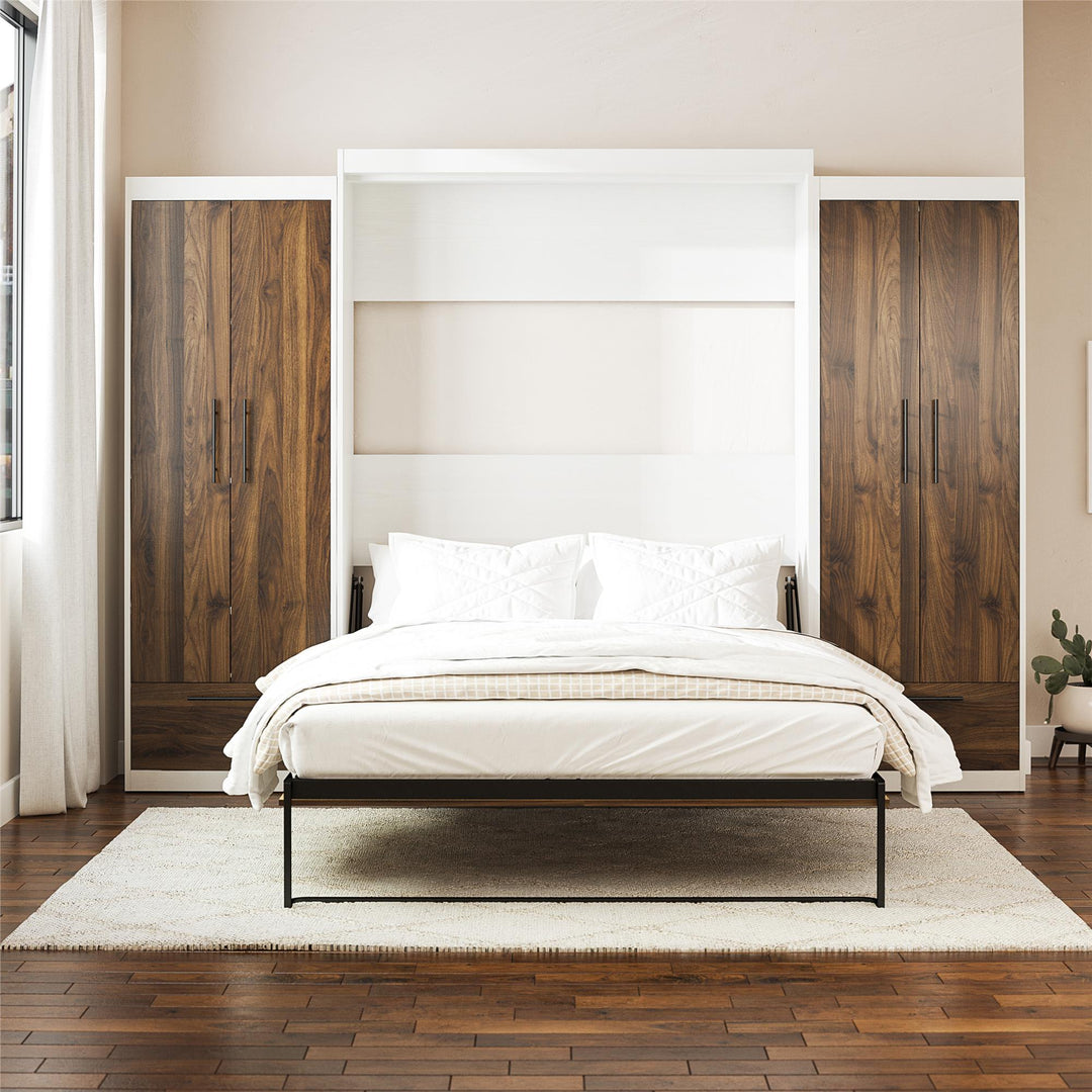 Pinnacle Queen Wall Bed with 2 Wardrobe Side Cabinets - Columbia Walnut