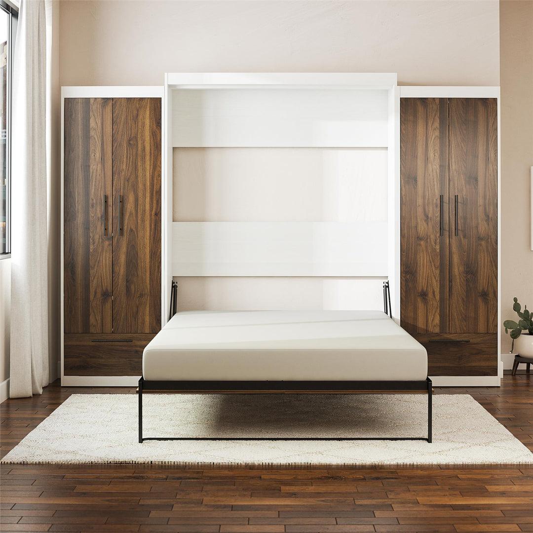 Pinnacle Queen Wall Bed with 2 Wardrobe Side Cabinets - Columbia Walnut