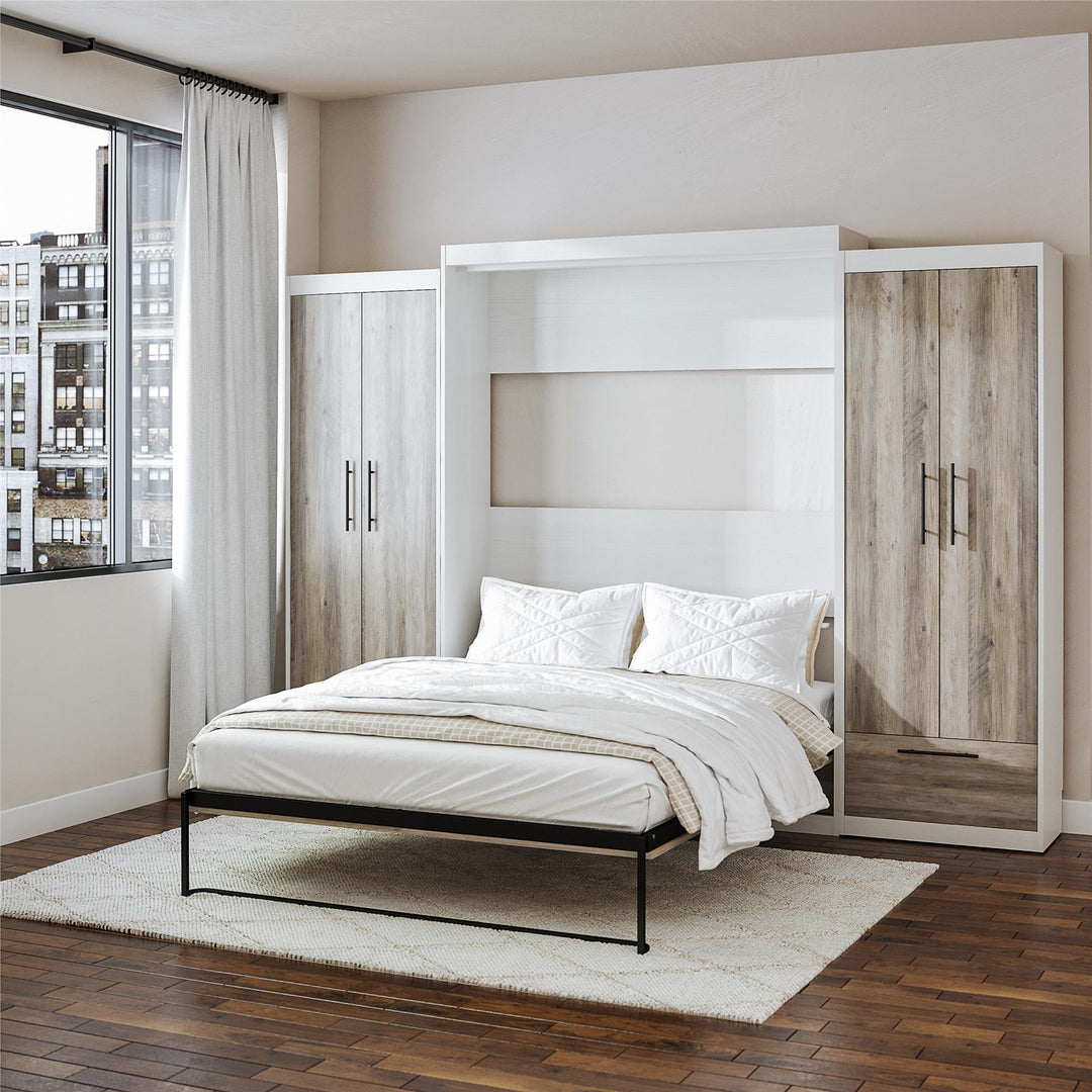 Pinnacle Queen Wall Bed with 2 Wardrobe Side Cabinets - Gray Oak - Queen