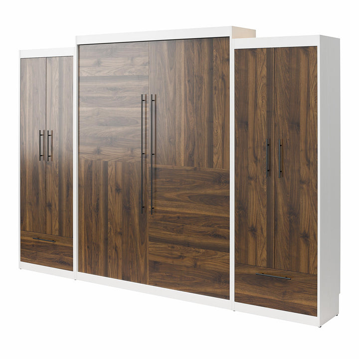 Pinnacle Queen Wall Bed with 2 Wardrobe Side Cabinets - Columbia Walnut