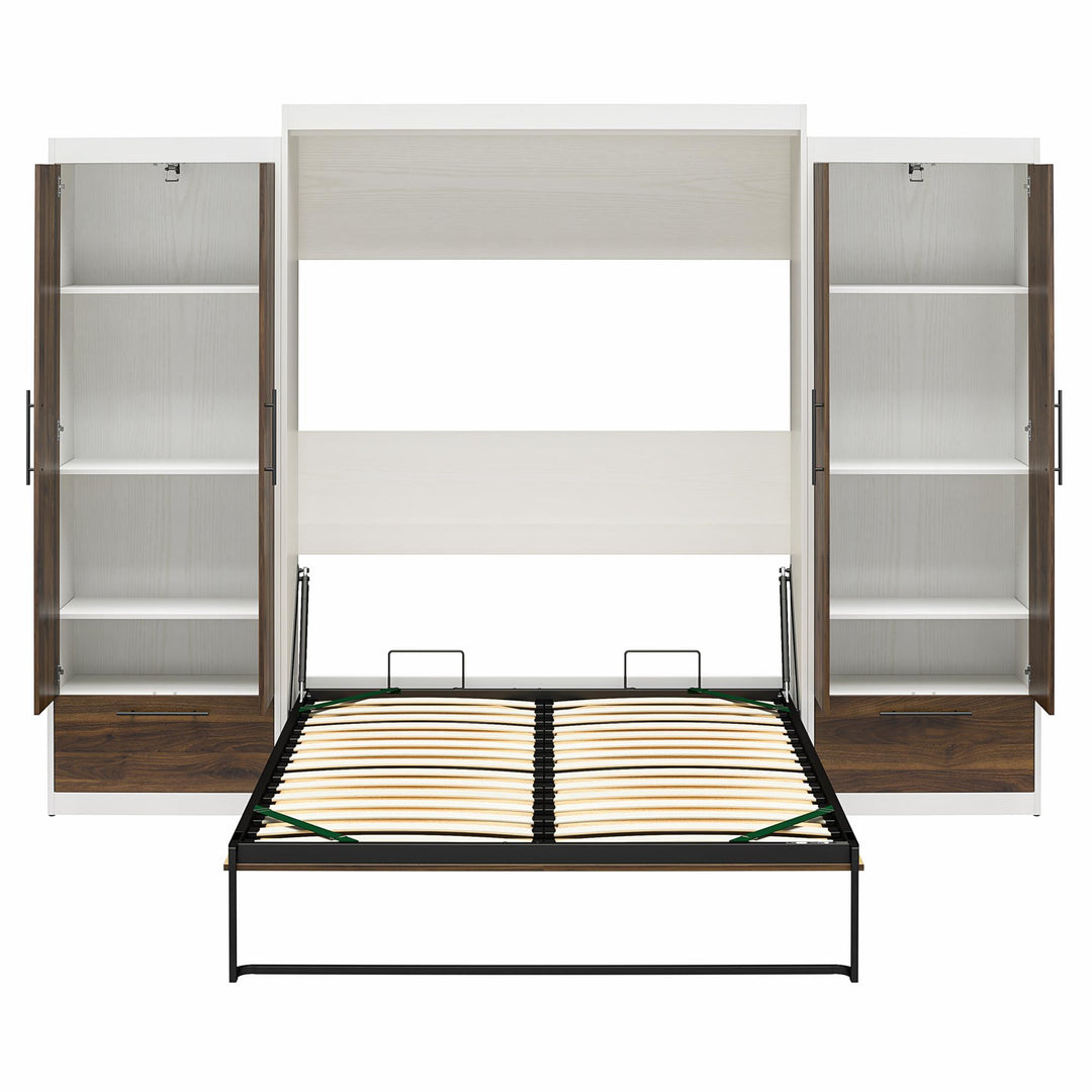 Pinnacle Queen Wall Bed with 2 Wardrobe Side Cabinets - Columbia Walnut