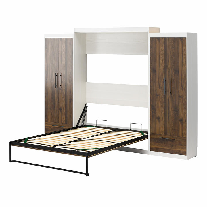 Pinnacle Queen Wall Bed with 2 Wardrobe Side Cabinets - Columbia Walnut