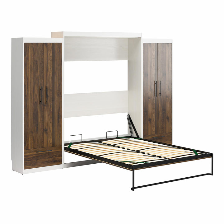 Pinnacle Queen Wall Bed with 2 Wardrobe Side Cabinets - Columbia Walnut - Queen