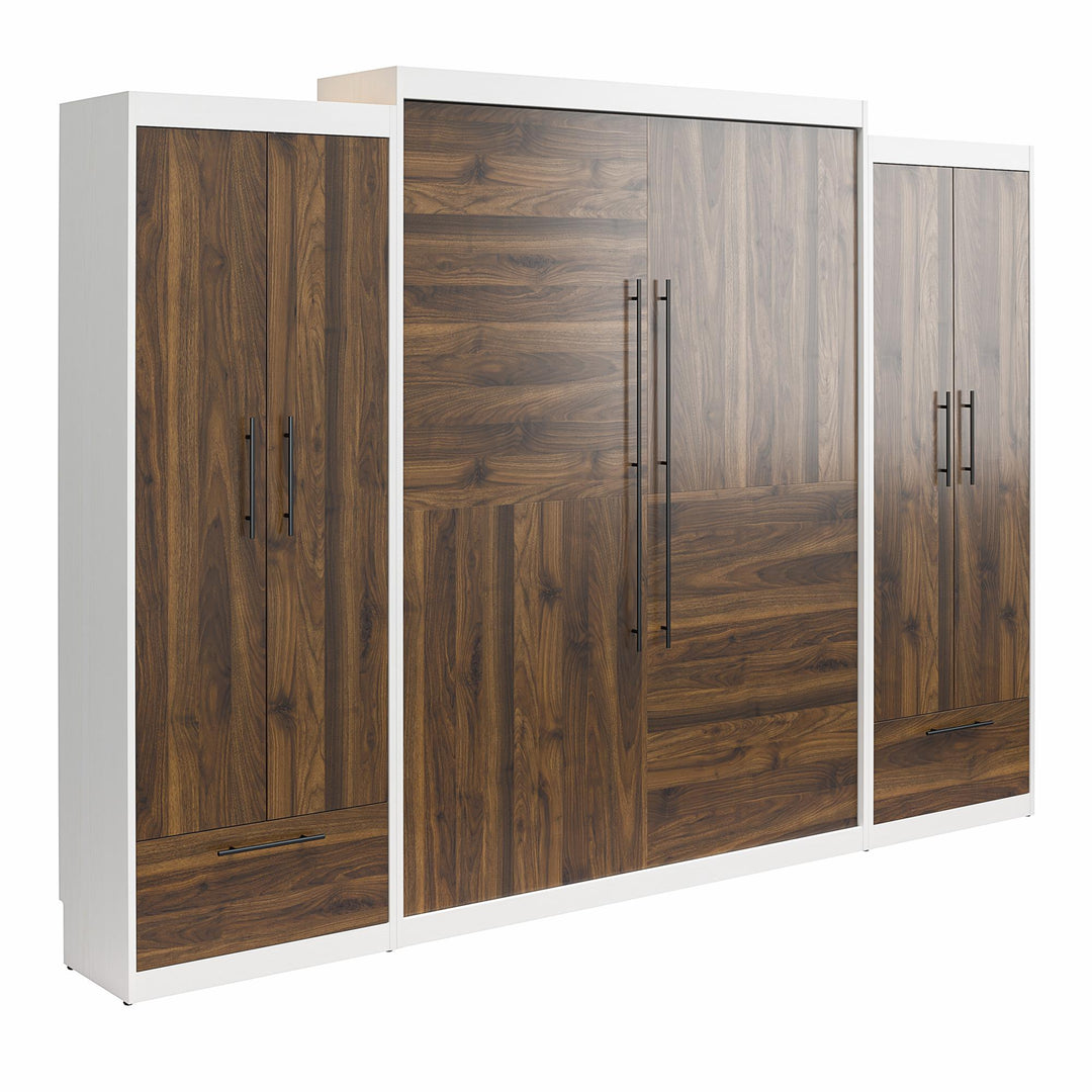 Pinnacle Queen Wall Bed with 2 Wardrobe Side Cabinets - Columbia Walnut - Queen