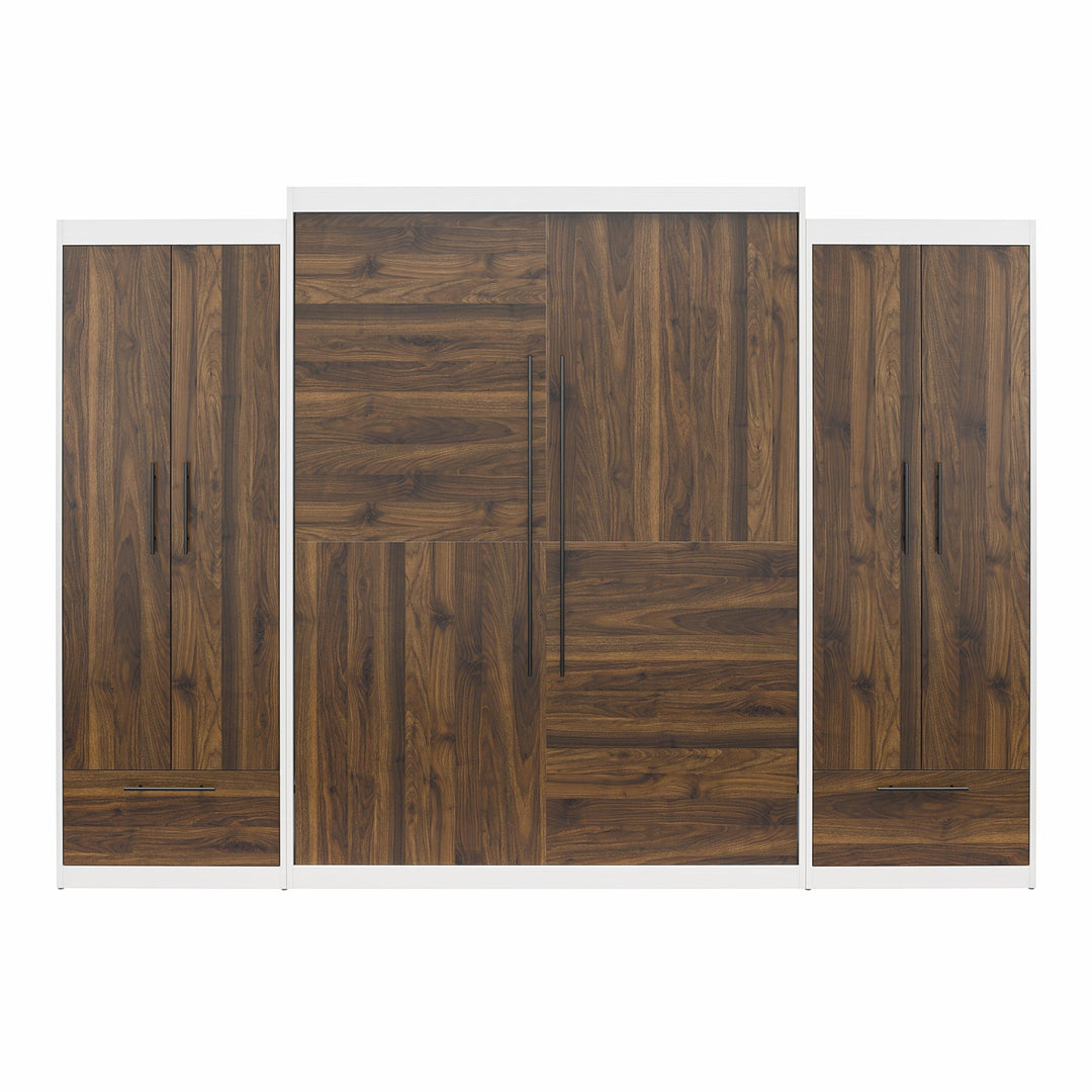 Pinnacle Queen Wall Bed with 2 Wardrobe Side Cabinets - Columbia Walnut