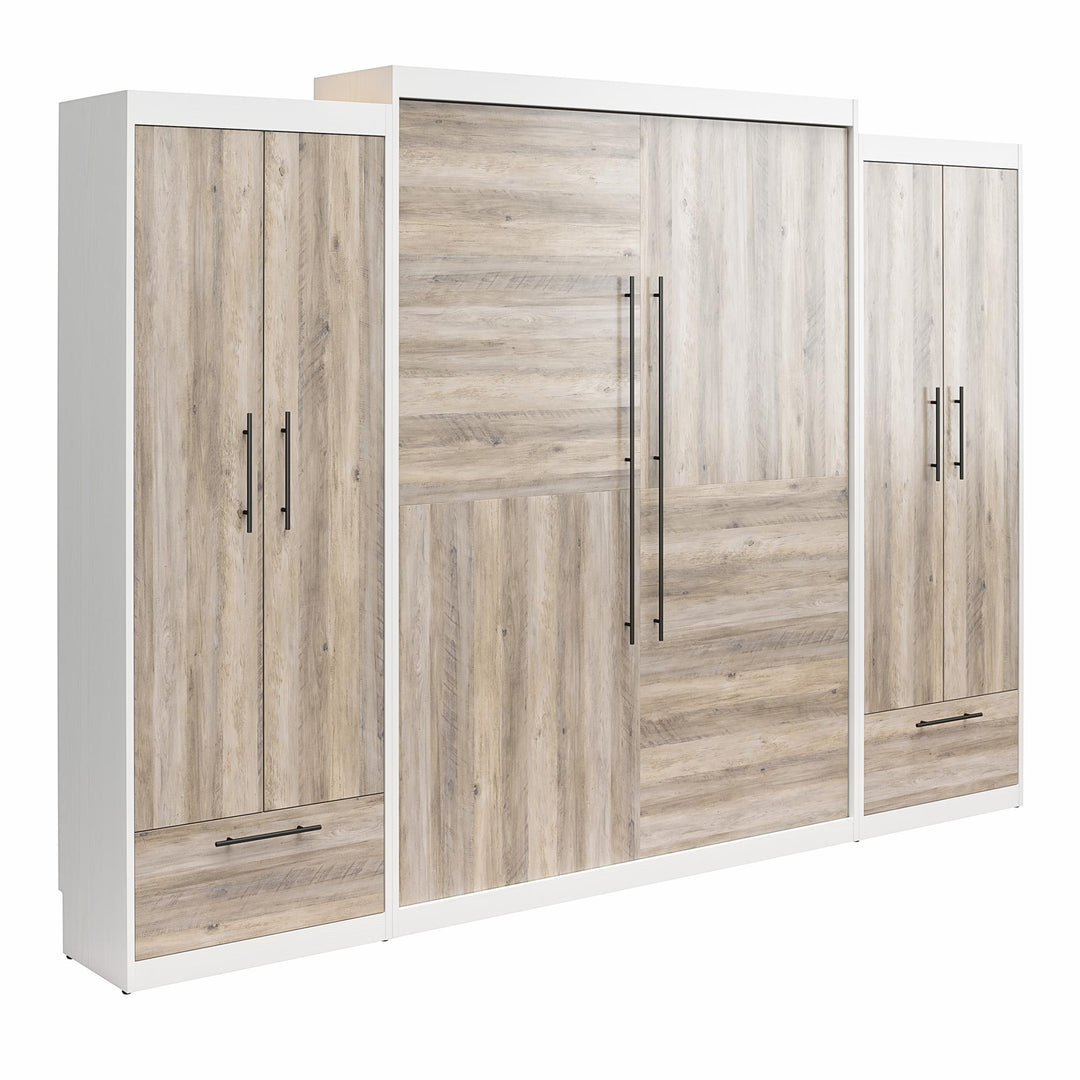 Pinnacle Queen Wall Bed with 2 Wardrobe Side Cabinets - Columbia Walnut - Queen