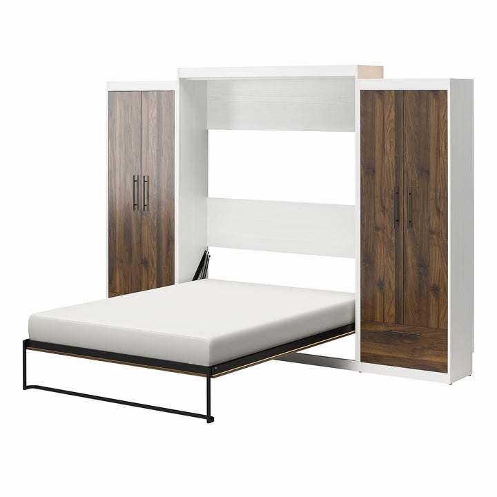 Pinnacle Queen Wall Bed with 8" Memory Foam Mattress and 2 Cabinets - Columbia Walnut - Queen